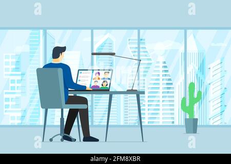 Man in office and people group on laptop screen taking part online conference. Virtual work meeting and distance education webinar or video conferencing. Company web videoconferencing communication Stock Vector