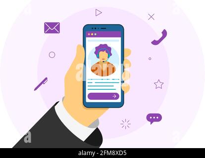 Customer and operator online technical support 24-7. White female person hotline call center consultant advises client. Online business assistant virtual help service on telephone. Vector illustration Stock Vector