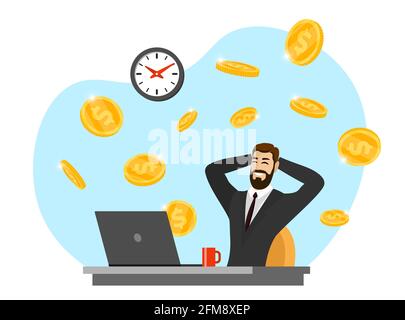 Happy businessman with laptop get money . Online income commerce business man. Joyful person makes passive profit or gain. Male web gambling and earning concept. Coin from internet vector illustration Stock Vector