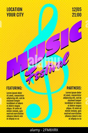 Music live festival show poster or invitation flyer cover design template. Treble clef on yellow background. Musical concert print vector illustration A3 A4 Stock Vector