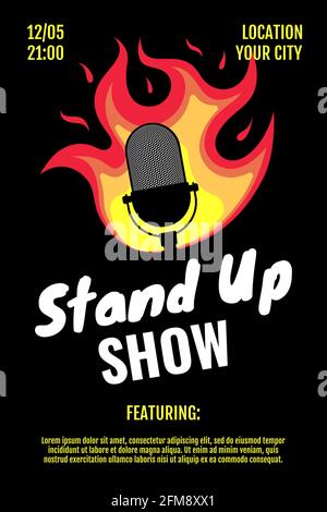 Stand up comedy night live show A3 A4 poster design template. Retro microphone on fire on black background. Hot jokes roast concept flyer. Vector fun burning open mic stage illustration Stock Vector