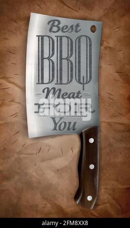 Poster knife for cutting meat in a retro style lettering with best BBQ meat for you on the background of brown crumpled paper. Vector Stock Vector