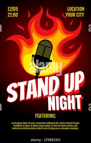 Stand up comedy night live show A3 A4 poster design template. Retro standup microphone with fire on black gradient background. Hot jokes roast concept flyer. Vector open mic event stage illustration Stock Vector