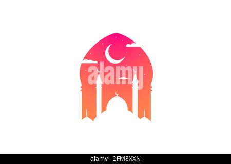 Mosque silhouette at dawn or sunrise sky with moon and abstract light for Islam. Holy festival eid traditional banner design. Ramadan kareem greeting card with mosques. Vector arabic illusrtation Stock Vector