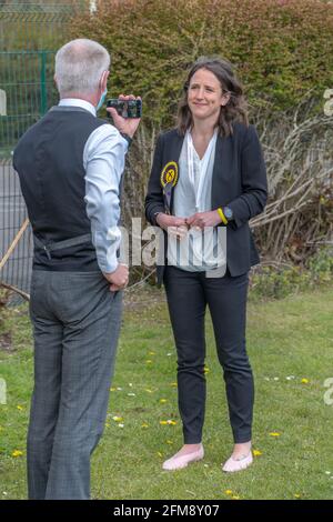 Saltire Sport Centre, Arbroath, Angus, Scotland, UK, 7th of May 2021: SNP Candidate Mairi Gougeon for Angus North & Mearns constituency  being interviewed outside the vote count in Arbroath. The Angus North & Mearns constituency, is a two horse race between Braden Davy Conservative, and Mairi Gougeon SNP. Mairi served as the SNP Health Minister in the last SNP government Credit:Barry Nixon/Alamy Live News Stock Photo