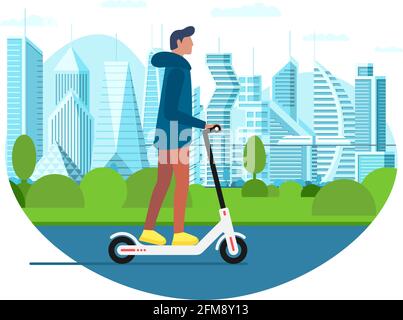 Young male riding electric kick scooter. Activity lifestyle moving concept on future city street. Vector eps illustration innovative active mobility hipster adult millennial on metropolis cityscape Stock Vector