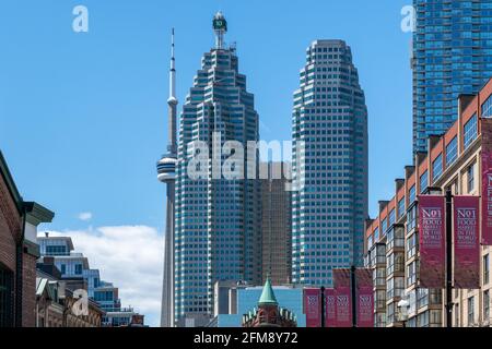 Toronto skyline including the Brookfield Place skyscrapers, the CN Tower, and the cupola of the Flatiron Building in Canada Stock Photo