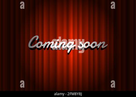 Coming soon handwrite title on closed red silky luxury theater curtain background with spotlight beam illuminated. Old cinema promotion announcement vector retro scene poster template illustration Stock Vector