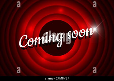 Coming soon handwrite title with flare on red round background. Old cinema movie circle promotion announcement screen. Vector retro scene advertising poster template illustration Stock Vector