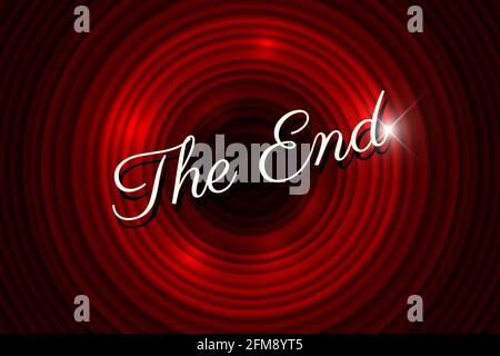 The End handwrite title with highlight on red round background. Old cinema movie ending screen. Vector illustration EPS10 Stock Vector