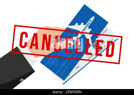 Flight cancelled with hand holding ticket boarding pass and cancellation stamp. Temporarily paused air travel document return concept. Vector eps illustration Stock Vector