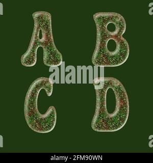 3D rendering of green and red glitter capital letter alphabet - letters A-D Stock Photo