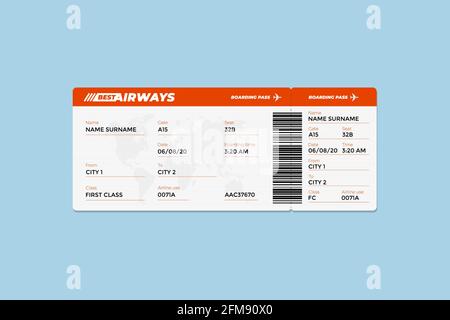 Realistic airline flight ticket boarding pass design template with first class passenger name and barcode. Air travel by airplane red document vector illustration Stock Vector