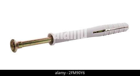 Countersunk self-tapping screw in a plastic dowel isolated on a white background. Stock Photo