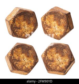 Set of rusty bolt heads isolated on white background, photo stacking. Stock Photo