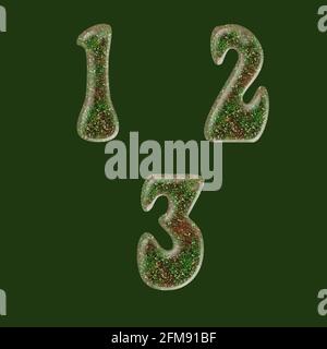 3D rendering of green and red glitter capital letter alphabet - digits 1-3 Stock Photo