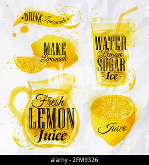 Pointer drawn pour lemonade lettering drink lemonade, make lemonade, fresh lemon juice, water lemon sugar ice, with splashes and blots prints bottle, Stock Vector