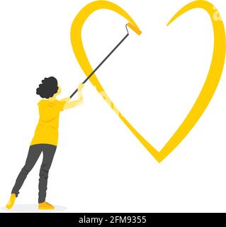Woman painting yellow heart over wall , illustration represents love and valentines day Stock Vector