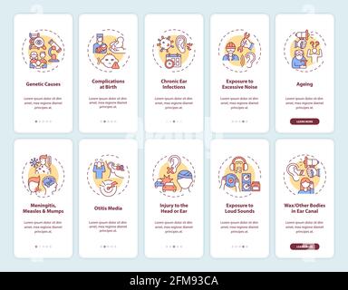 Hearing loss factors onboarding mobile app page screen with concepts set. Ageing, injury walkthrough 5 steps graphic instructions. UI, UX, GUI vector Stock Vector