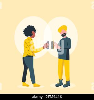 Tech Device Charge Sharing, a man and a woman sharing charge while standing Stock Vector