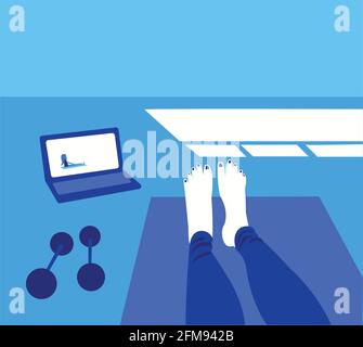 Woman sitting above yoga mat and relaxing after meditation or exercise also watching online session Stock Vector