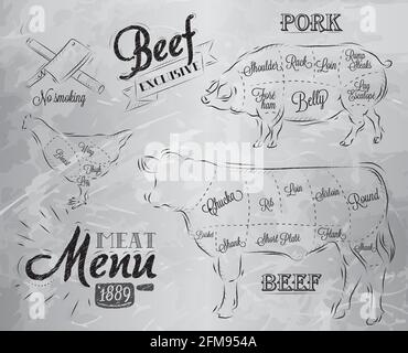 Illustration of a vintage graphic element on the menu for meat steak cow pig chicken divided into pieces of meat Stock Vector