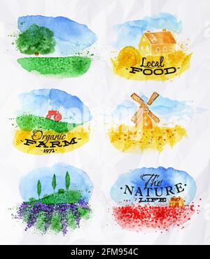 Watercolor landscapes symbols wheat fields of poppies, lavender, herbs with miniature houses mill and a tractor with lettering organic farm, local foo Stock Vector