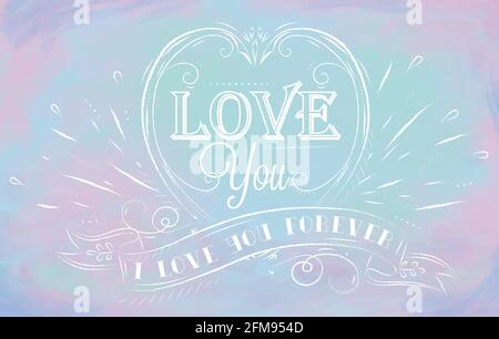 Lovely card in an openwork style - 'i love you forever' on a blue background with transparent watercolor hearts. Stock Vector