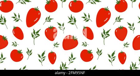 Seamless tomato background. Pattern on the theme of vegetables. Red tomatoes on a white background. Kitchen textiles design. Summer pattern Stock Vector