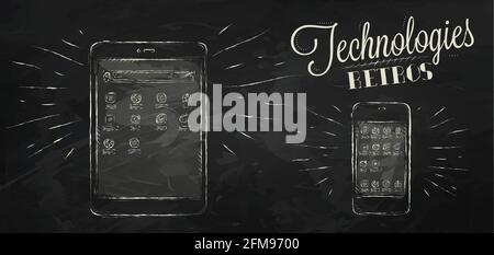 Icons on modern technology mobile tablet device in vintage style stylized drawing with chalk on chalkboard background Stock Vector