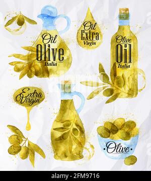 Pointer drawn pour with watercolor branches of olive and olive oil bottles lettering drink oil olive extra virgin Italia, olives oil Italia with splas Stock Vector