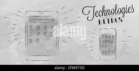 Icons on modern technology mobile tablet device in vintage style stylized under the chalk drawings gray Stock Vector