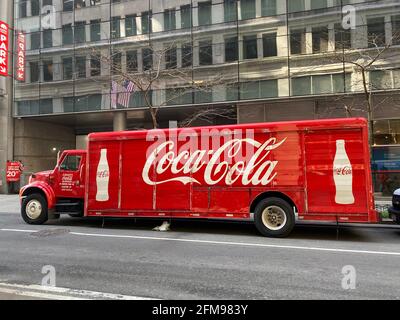 Classic Coca Cola delivery truck parked on the street in Manhattan, NYC. Stock Photo