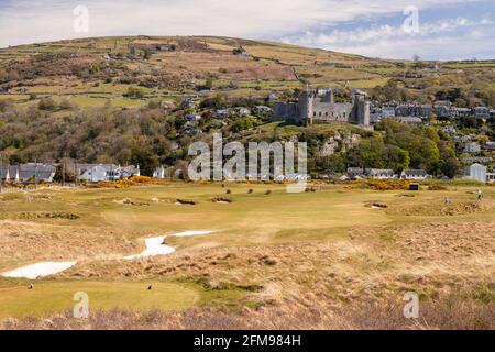 Castle and golf course at Harlech, Gwynedd, Wales Stock Photo