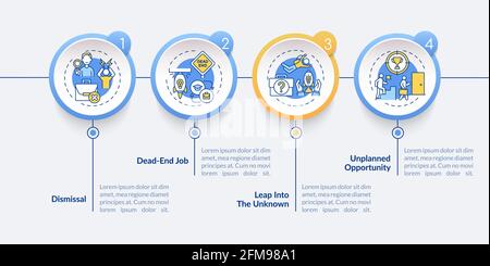 Job transition reasons vector infographic template. Causes for leaving presentation design elements. Data visualization with 4 steps. Process timeline chart. Workflow layout with linear icons Stock Vector