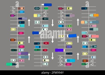 Parking top view. Many cars on parking zone. Different vehicles in parked lot from above. Road street traffic transport concept. Vector illustration Stock Vector