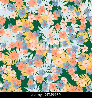 Summer bright seamless pattern in Hawaiian style with tiny flowers and tropical leaves Stock Vector