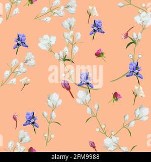 Beautiful seamless pattern with irises and small white flowers Stock Vector
