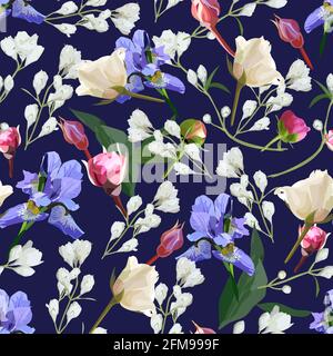 Beautiful seamless pattern with irises and small white flowers Stock Vector