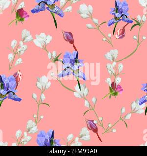 Beautiful seamless pattern with irises and small white flowers Stock Vector