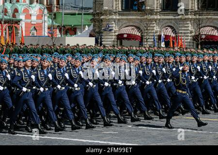 Moscow, Russia. 7th May, 2021. Helicopters fly over the Red Square ...