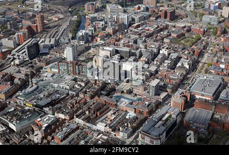 aerial view of Leeds city centre from the north east, with Pinnacle office building prominent in the middle of the shot (Leeds Station top left) Stock Photo