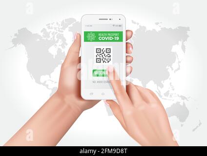 Digital health passport application on your mobile while traveling during the COVID-19 pandemic. Confirmation of vaccination against Covid-19. Stock Vector