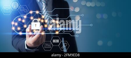 Cloud Server computing security, businessman hand and holding locked of network connection system and save media and database concept Stock Photo