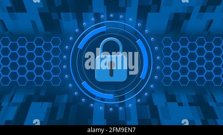 Cyber security concept - closed padlock in hud elements - abstract background of honeycomb and rectangle elements - 3D Illustration Stock Photo