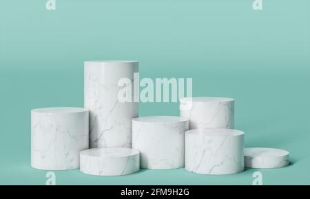 cylindrical podium in white marble on a turquoise background. 3d render. Stock Photo