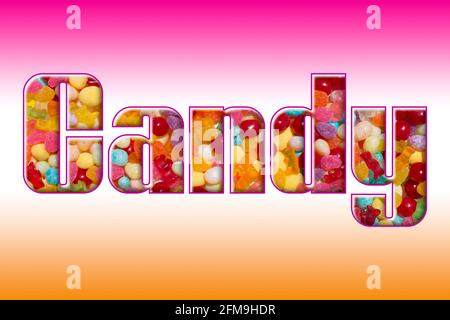 candy word spelled out in large bold thick text font with orange and pink sweet treats candies food background Stock Photo