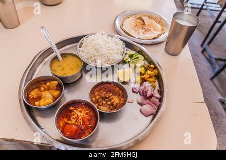 Platter of gujarathi thali in a restaurant Stock Photo