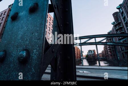 Massive steel construction of Poggenmoehlenbruecke bridge near the Wasserschloss Hamburg Hafencity. Germany Stock Photo