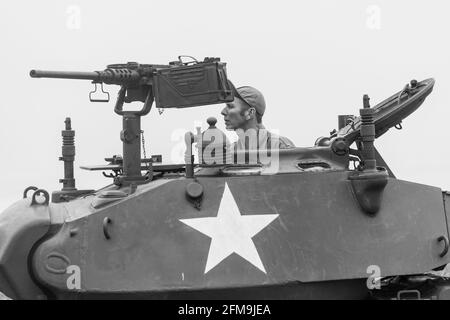 World War Two reenactment. Blyth, Northumberland, England. 19.05.2013. WW2 enthusiasts with American Sherman Tank at WW2 reenactment. Stock Photo